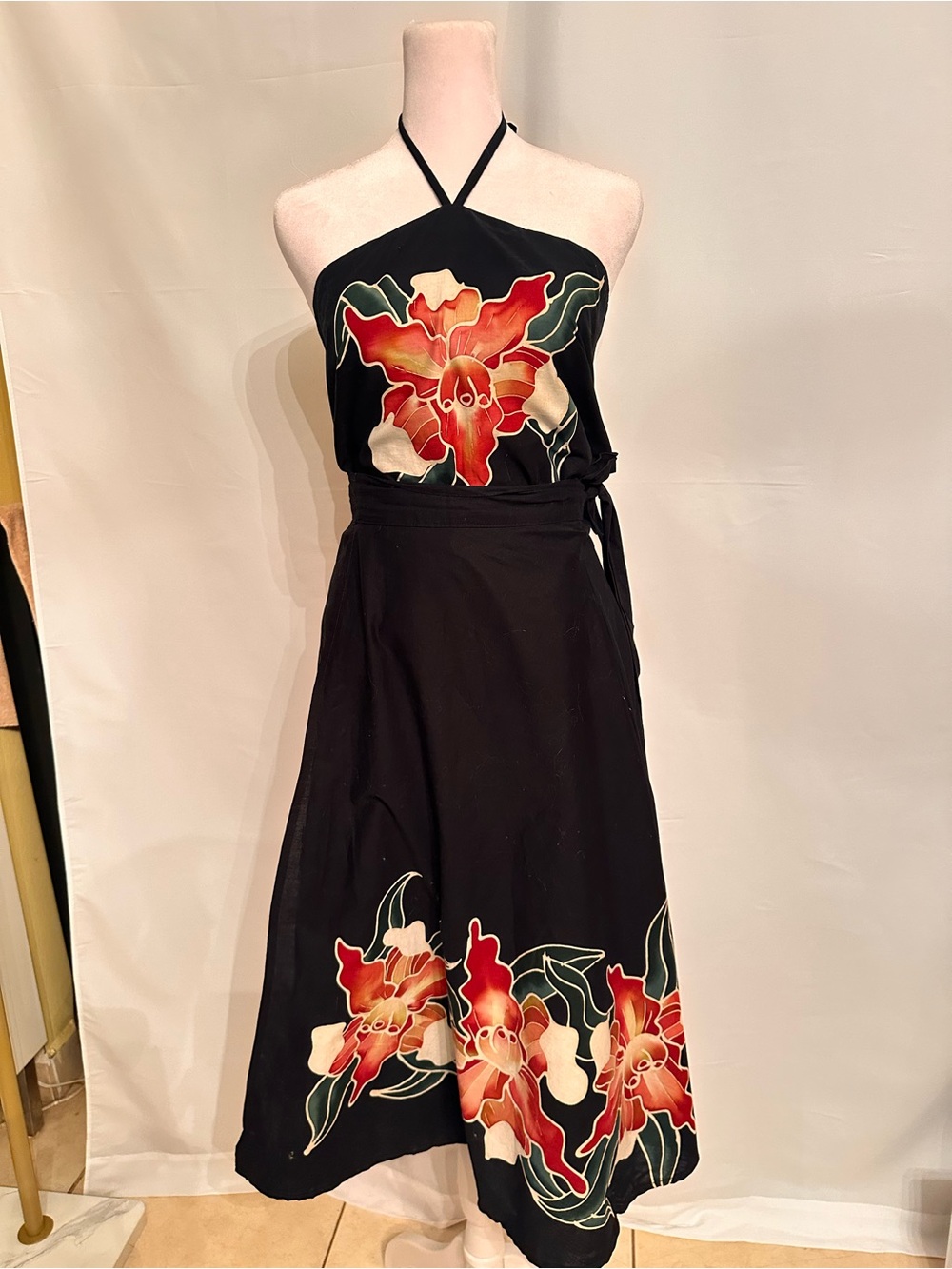 Hand Painted Black Halter Midi Skirt and Halter Top w/ Red & Green Floral Print